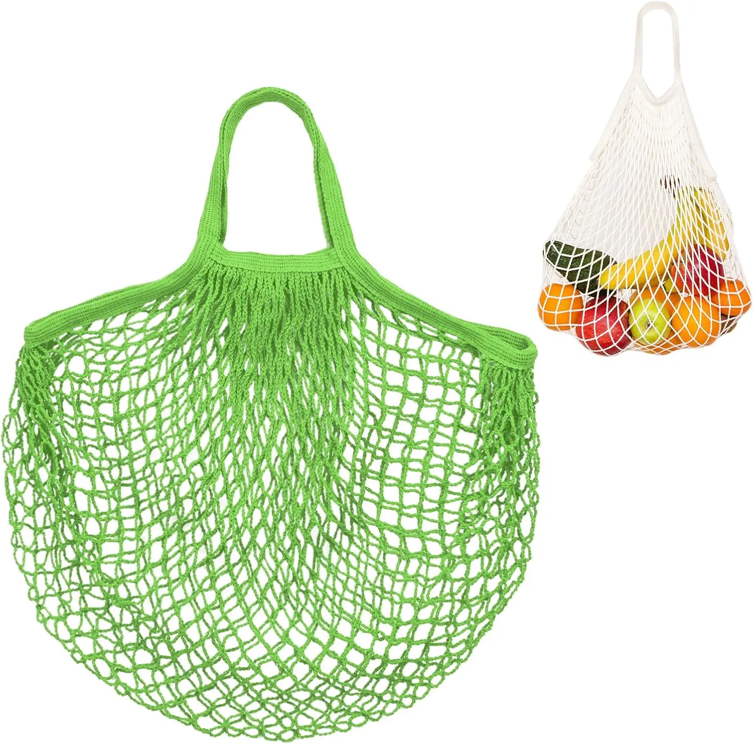 1-Pack Cotton Mesh Bag, Reusable Washable Mesh Net String Grocery Bags, Reusable Produce Bags with Handle, Net Tote Bag for Fruits/Vegetables Shopping [Green, Short Handle]