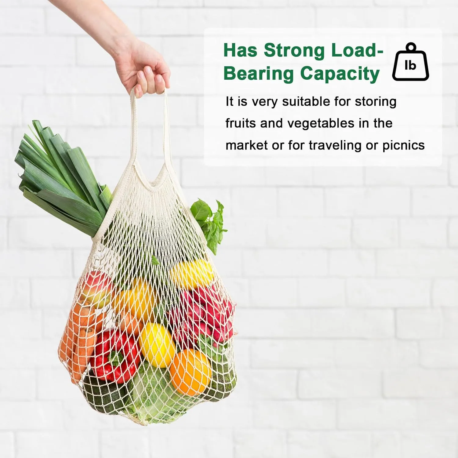 1-Pack Cotton Mesh Bag, Reusable Washable Mesh Net String Grocery Bags, Reusable Produce Bags with Handle, Net Tote Bag for Fruits/Vegetables Shopping [Green, Short Handle]
