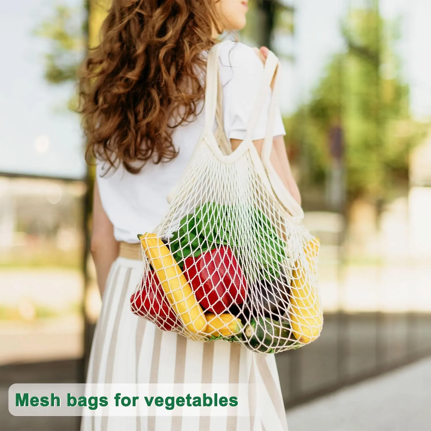 1-Pack Cotton Mesh Bag, Reusable Washable Mesh Net String Grocery Bags, Reusable Produce Bags with Handle, Net Tote Bag for Fruits/Vegetables Shopping [Green, Short Handle]