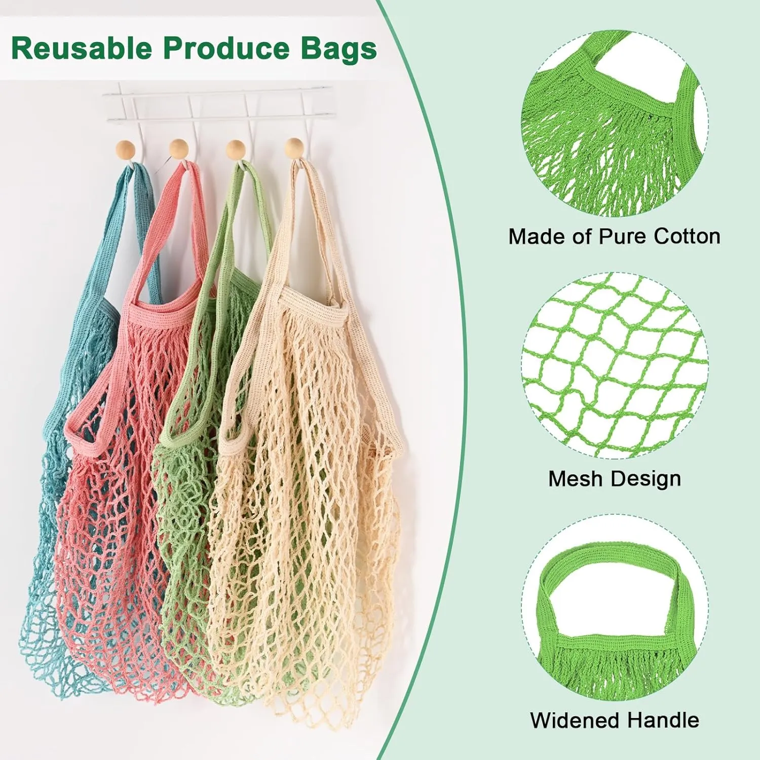 1-Pack Cotton Mesh Bag, Reusable Washable Mesh Net String Grocery Bags, Reusable Produce Bags with Handle, Net Tote Bag for Fruits/Vegetables Shopping [Green, Short Handle]