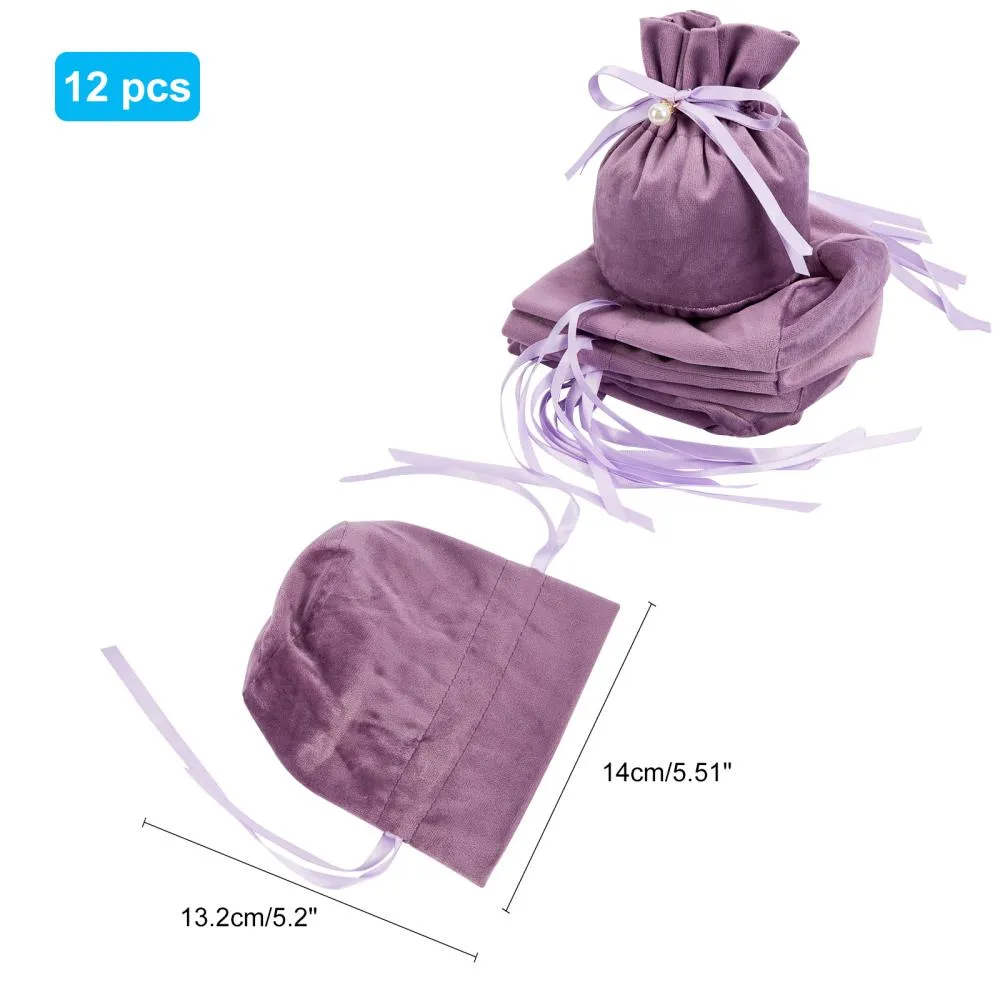 12 pc Velvet Jewelry Bags with Drawstring & Plastic Imitation Pearl, Velvet Cloth Gift Pouches, Medium Purple, 13.2x14x0.4cm