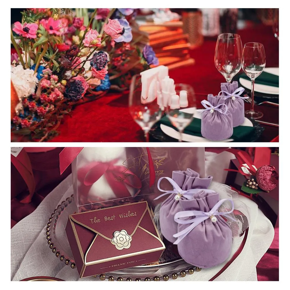 12 pc Velvet Jewelry Bags with Drawstring & Plastic Imitation Pearl, Velvet Cloth Gift Pouches, Medium Purple, 13.2x14x0.4cm