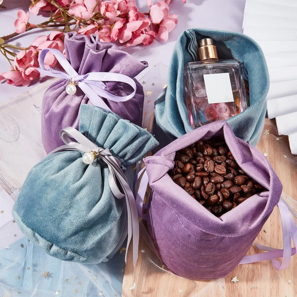 12 pc Velvet Jewelry Bags with Drawstring & Plastic Imitation Pearl, Velvet Cloth Gift Pouches, Medium Purple, 13.2x14x0.4cm