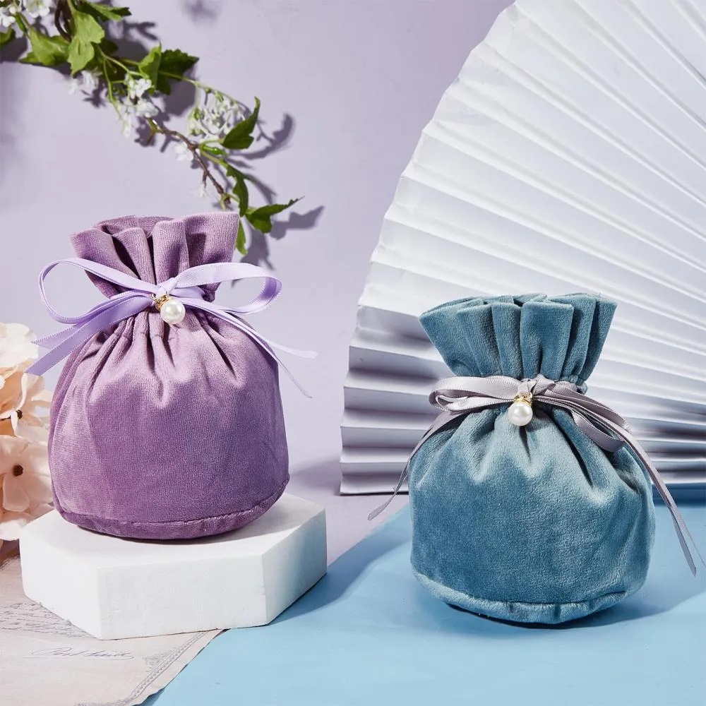 12 pc Velvet Jewelry Bags with Drawstring & Plastic Imitation Pearl, Velvet Cloth Gift Pouches, Medium Purple, 13.2x14x0.4cm