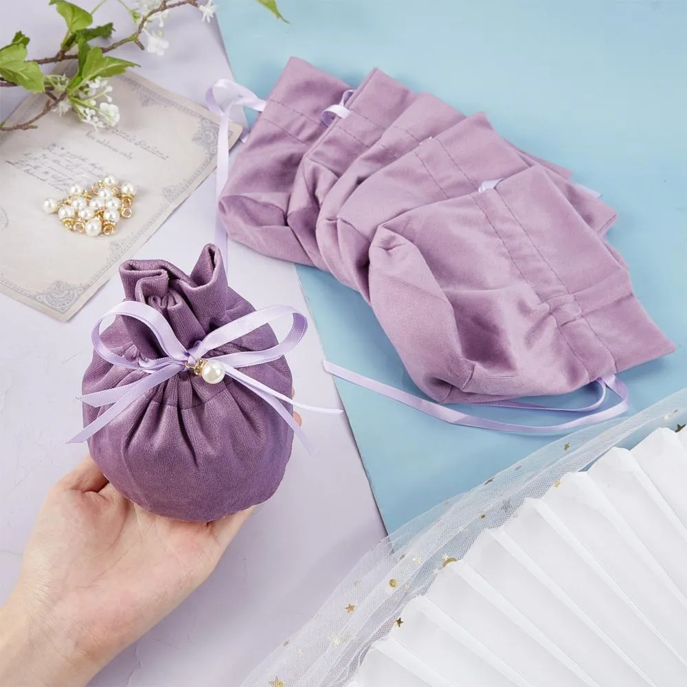 12 pc Velvet Jewelry Bags with Drawstring & Plastic Imitation Pearl, Velvet Cloth Gift Pouches, Medium Purple, 13.2x14x0.4cm