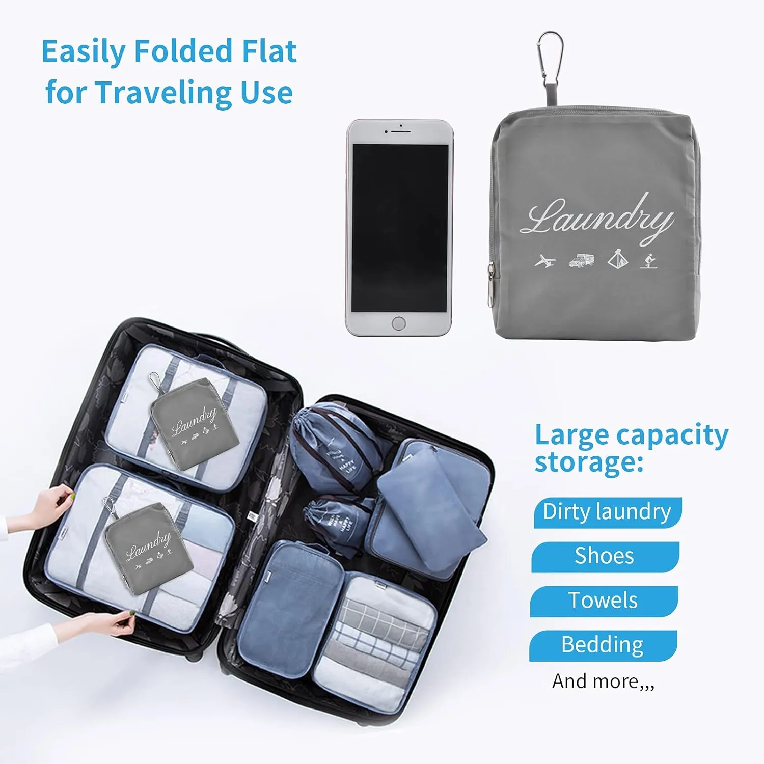 2 Pcs Travel Laundry Bags, JHX Dirty Clothes OrganizerUpgradedwith Handles and Aluminum Carabiner, Collapsible Laundry Bag for Travel, Camp, Fitness, and StudentsGrey 24"L x 21"W