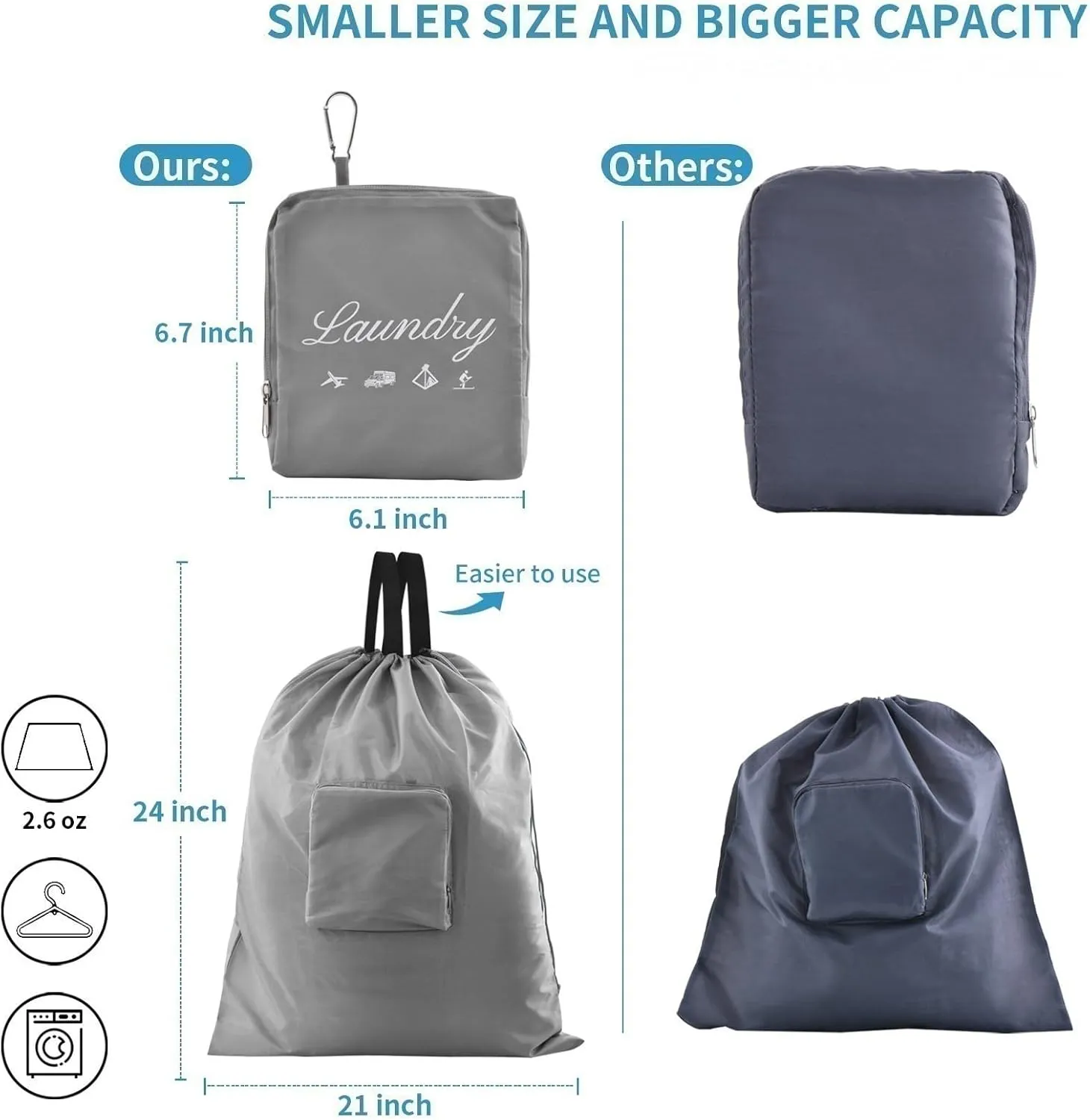 2 Pcs Travel Laundry Bags, JHX Dirty Clothes OrganizerUpgradedwith Handles and Aluminum Carabiner, Collapsible Laundry Bag for Travel, Camp, Fitness, and StudentsGrey 24"L x 21"W