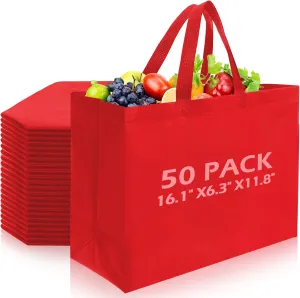 50 Pcs Reusable Tote Bag with Handles Bulk Extra Large Non Woven Grocery Shopping Bags for Boutiques Retail Store(Red)