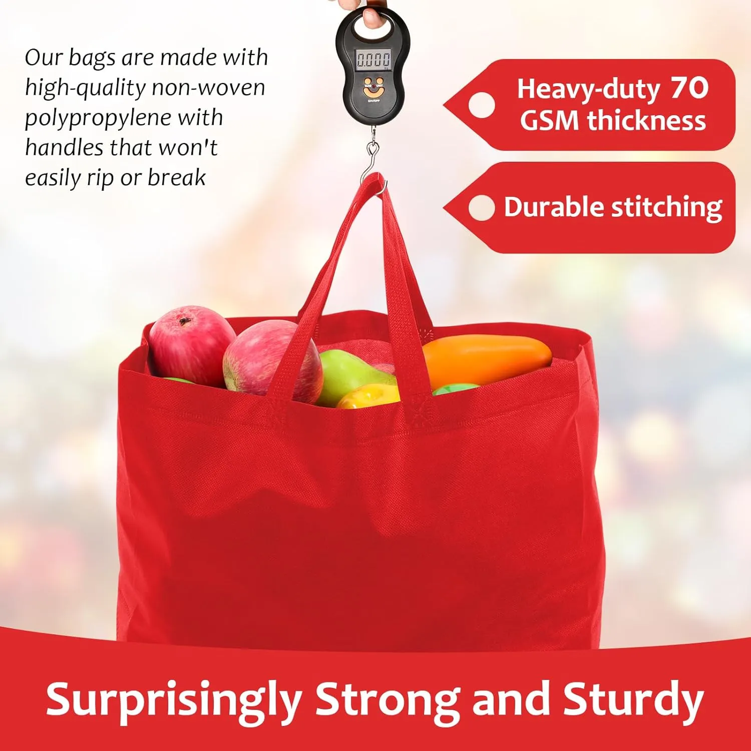 50 Pcs Reusable Tote Bag with Handles Bulk Extra Large Non Woven Grocery Shopping Bags for Boutiques Retail Store(Red)