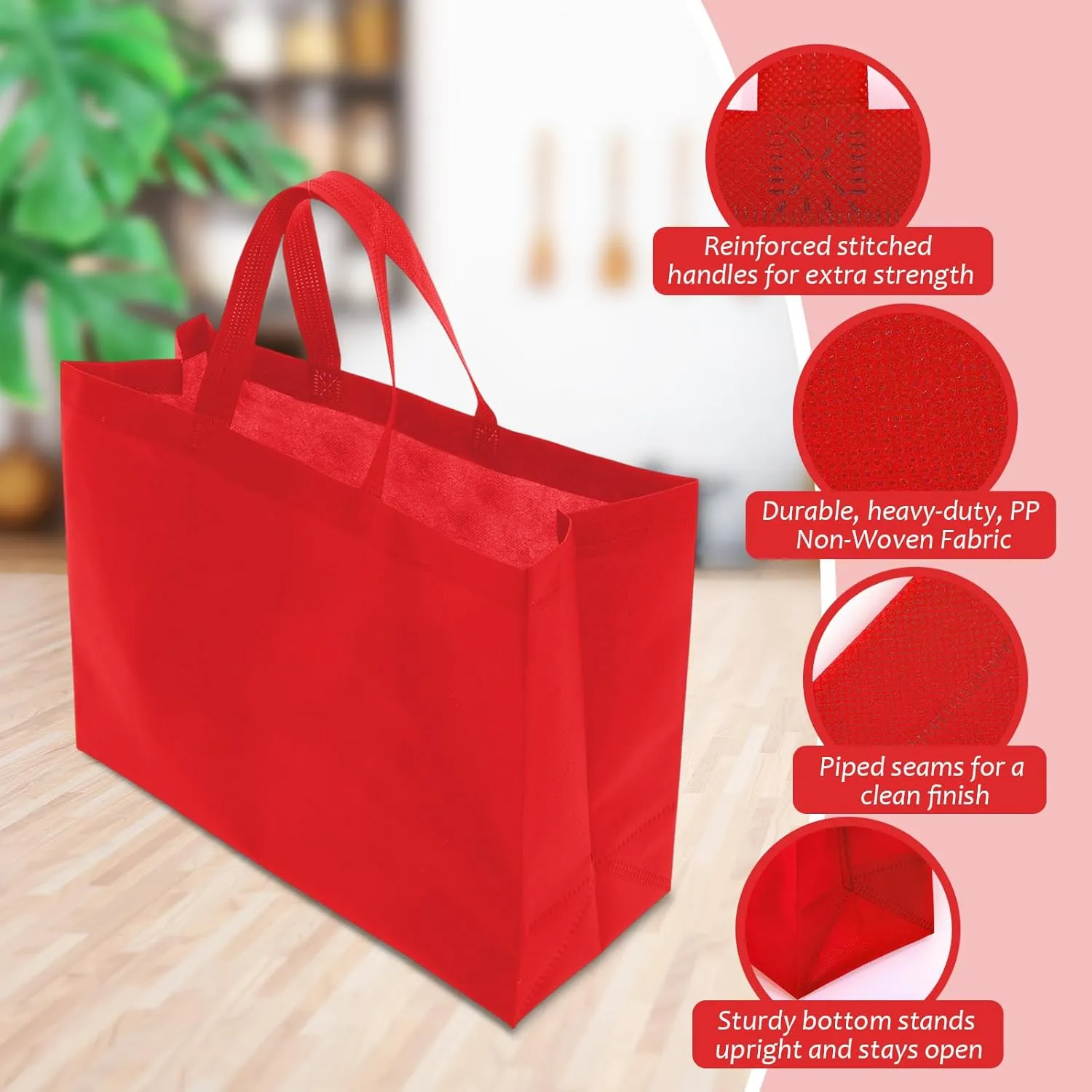50 Pcs Reusable Tote Bag with Handles Bulk Extra Large Non Woven Grocery Shopping Bags for Boutiques Retail Store(Red)