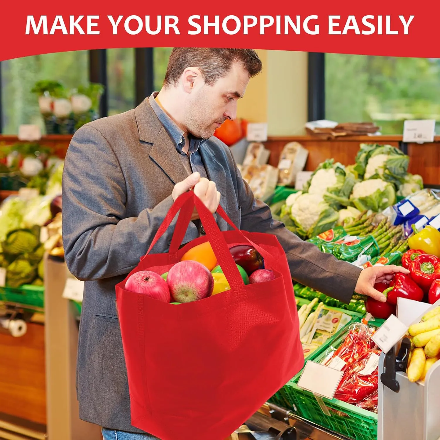 50 Pcs Reusable Tote Bag with Handles Bulk Extra Large Non Woven Grocery Shopping Bags for Boutiques Retail Store(Red)