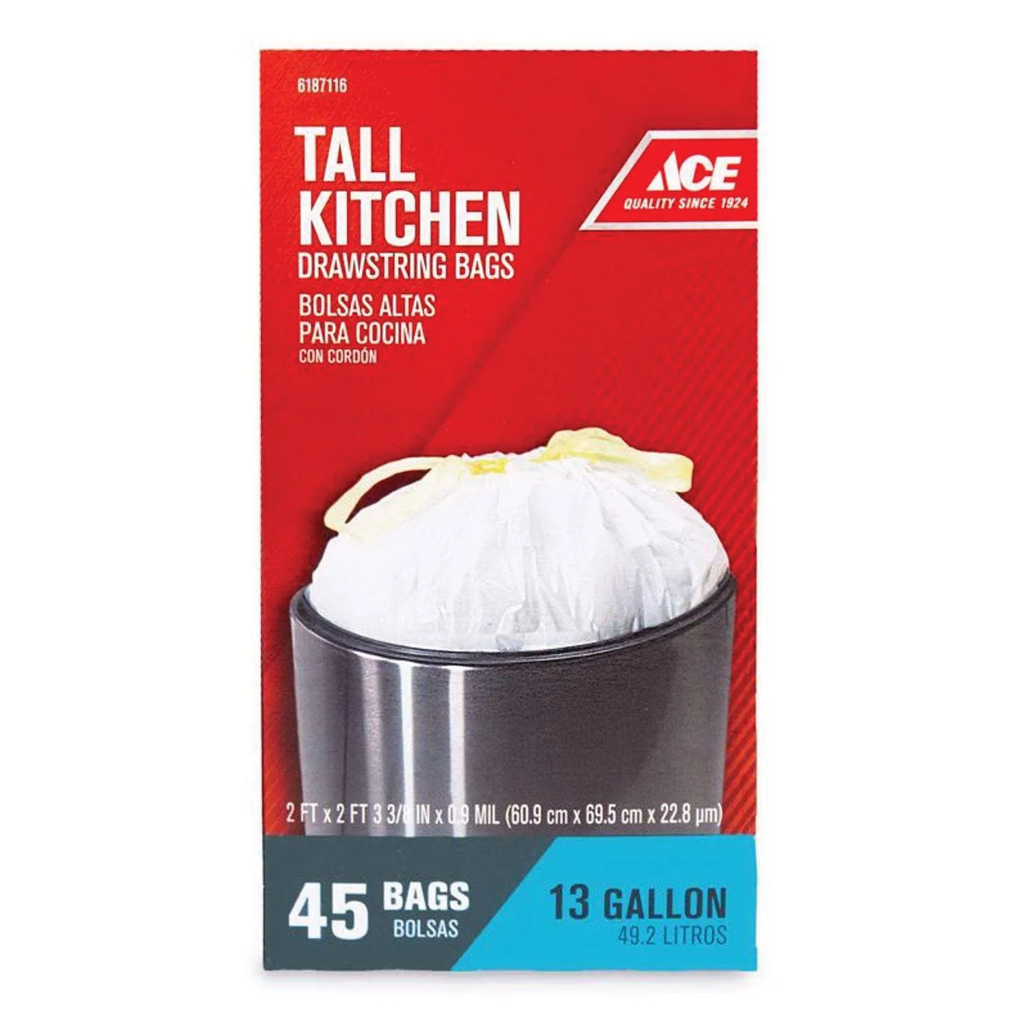 ACE® 1857777 Tall Kitchen Bag, 0.9 mil Thick, 13 gal Capacity, White, Drawstring Closure, 45 Bag per Roll