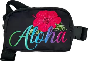 Aloha Designs Aloha Unisex Mini Belt Bag with Adjustable Strap Small Aloha Fanny Pack for Workout Running Traveling Hiking TSA Approved Bag - Aloha Hawaii Ohana, Black, fny 1