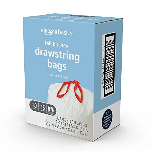 Amazon Basics Tall Kitchen Drawstring Trash Bags, Clean Fresh Scent, 13 Gallon, 80 Count (Previously Solimo)