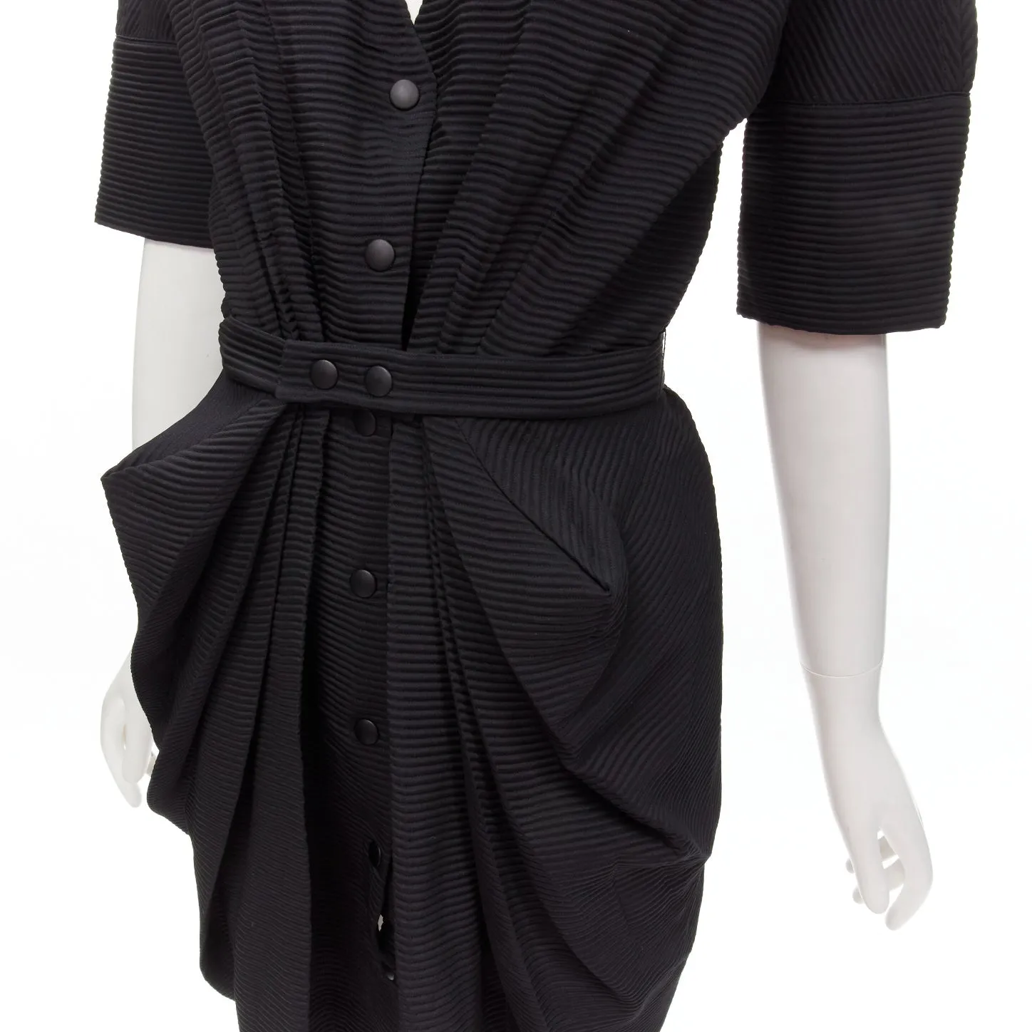 BALENCIAGA 2009 plunge neckline button front gathered pleat short dress FR36 S