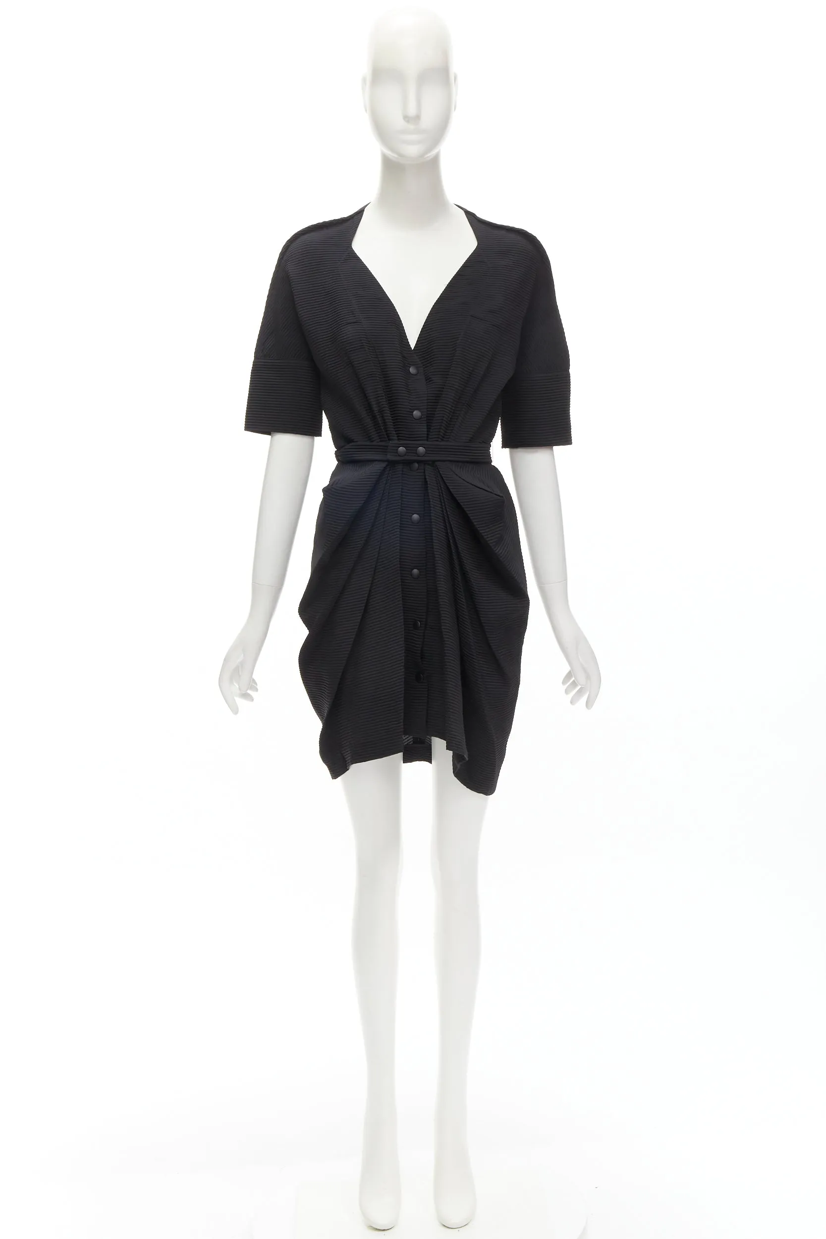 BALENCIAGA 2009 plunge neckline button front gathered pleat short dress FR36 S