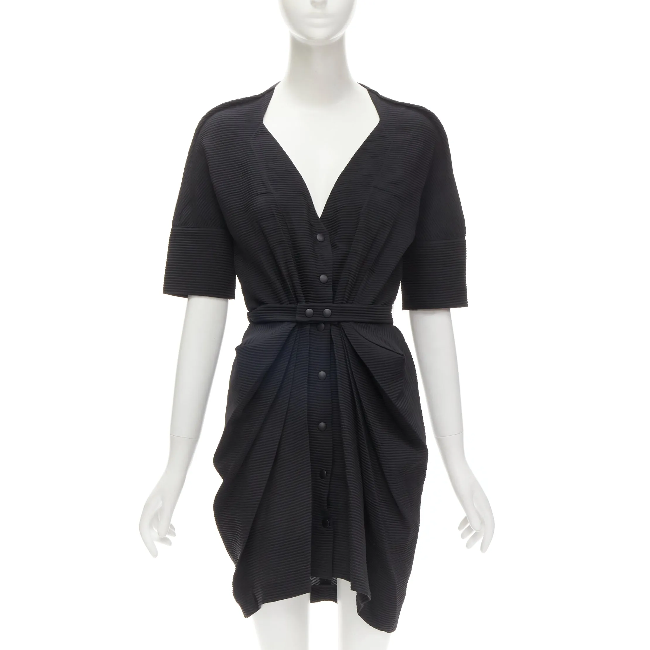 BALENCIAGA 2009 plunge neckline button front gathered pleat short dress FR36 S