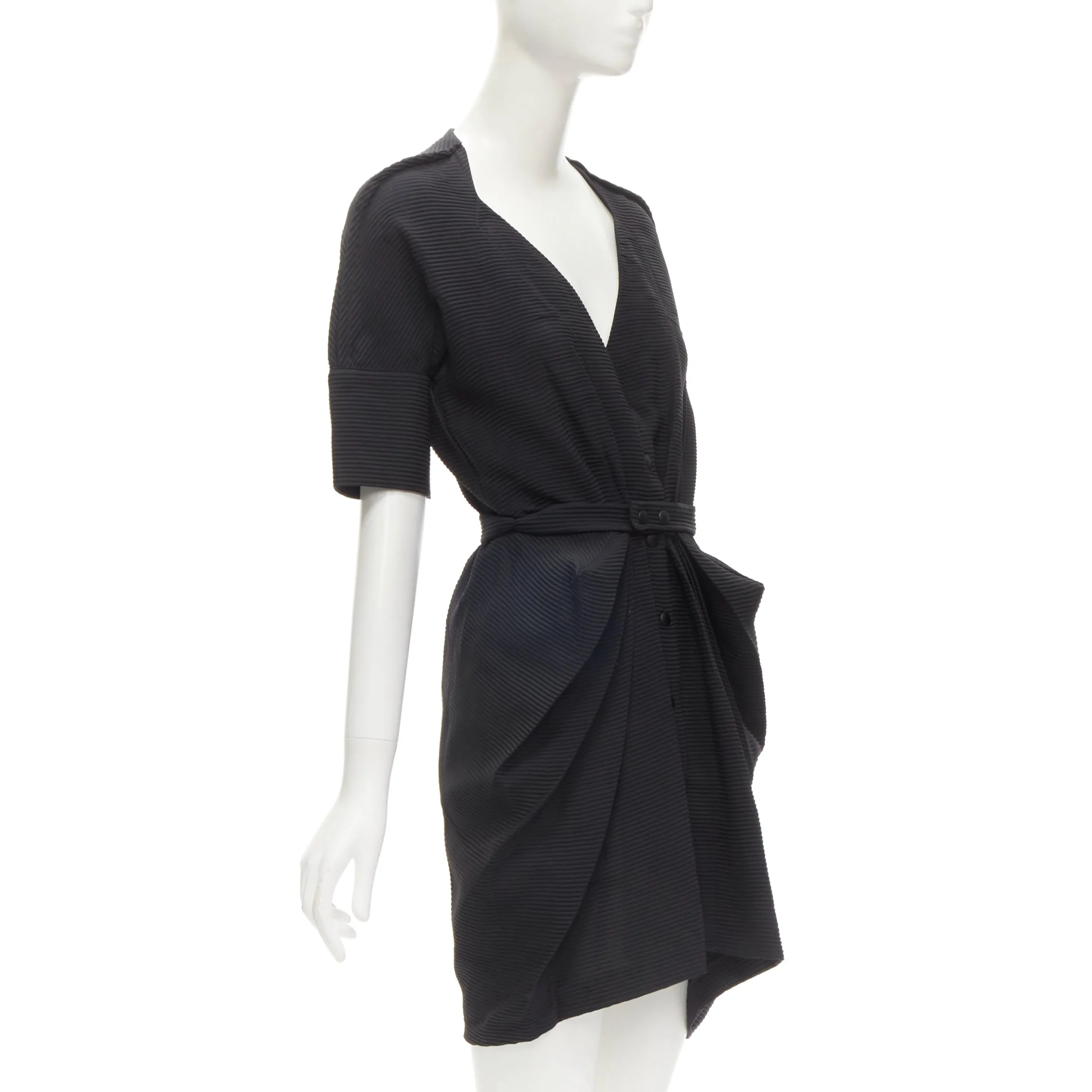 BALENCIAGA 2009 plunge neckline button front gathered pleat short dress FR36 S