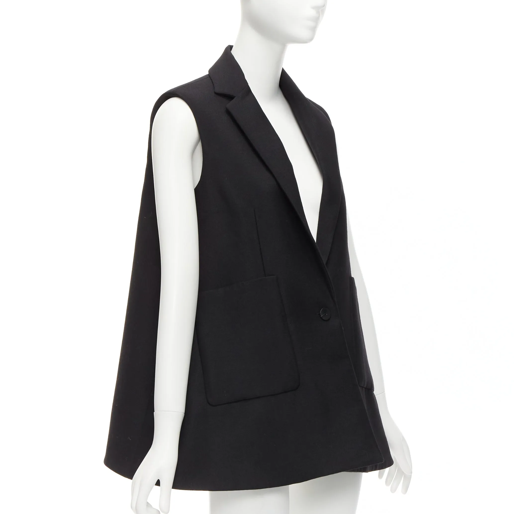 BALENCIAGA 2014 black virgin wool mohair bell shaped deep V blazer vest FR34 XS
