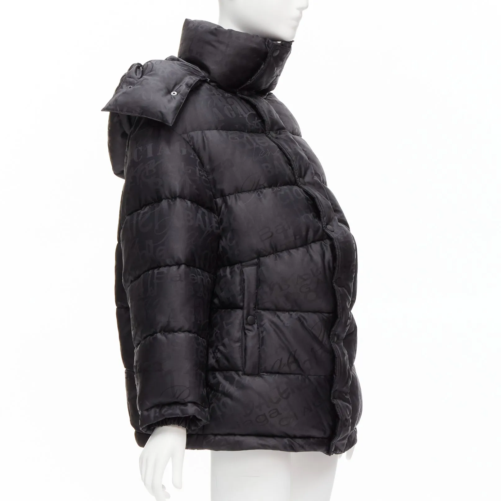 BALENCIAGA 2019 black logo jacquard Swing hooded quilted puffer coat FR36 S