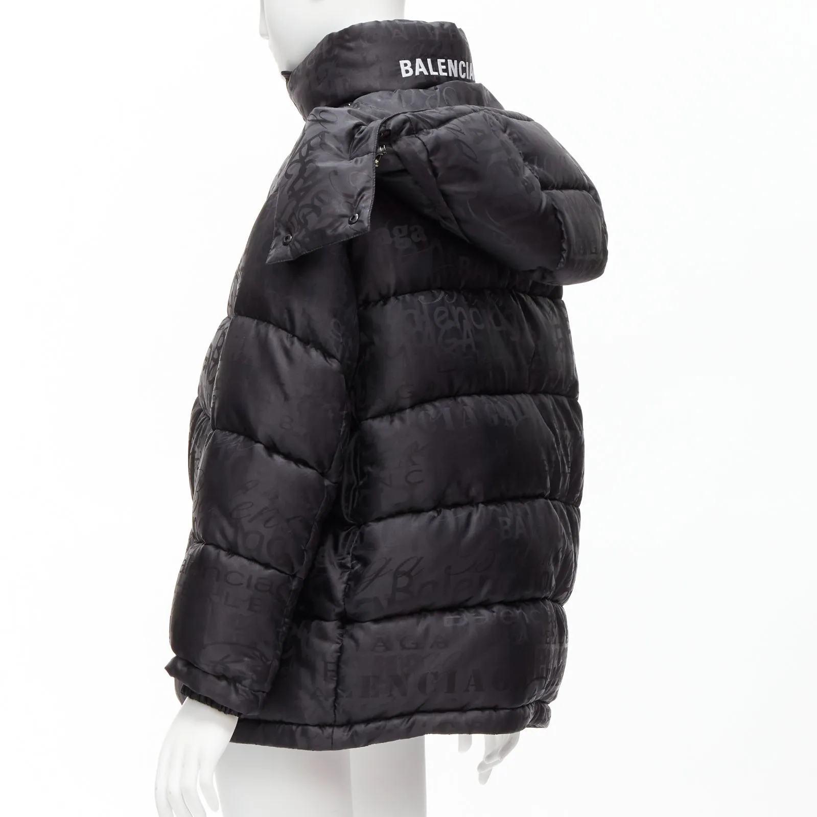 BALENCIAGA 2019 black logo jacquard Swing hooded quilted puffer coat FR36 S