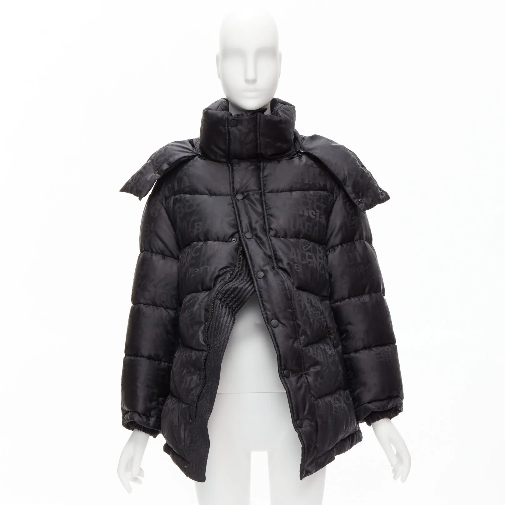 BALENCIAGA 2019 black logo jacquard Swing hooded quilted puffer coat FR36 S