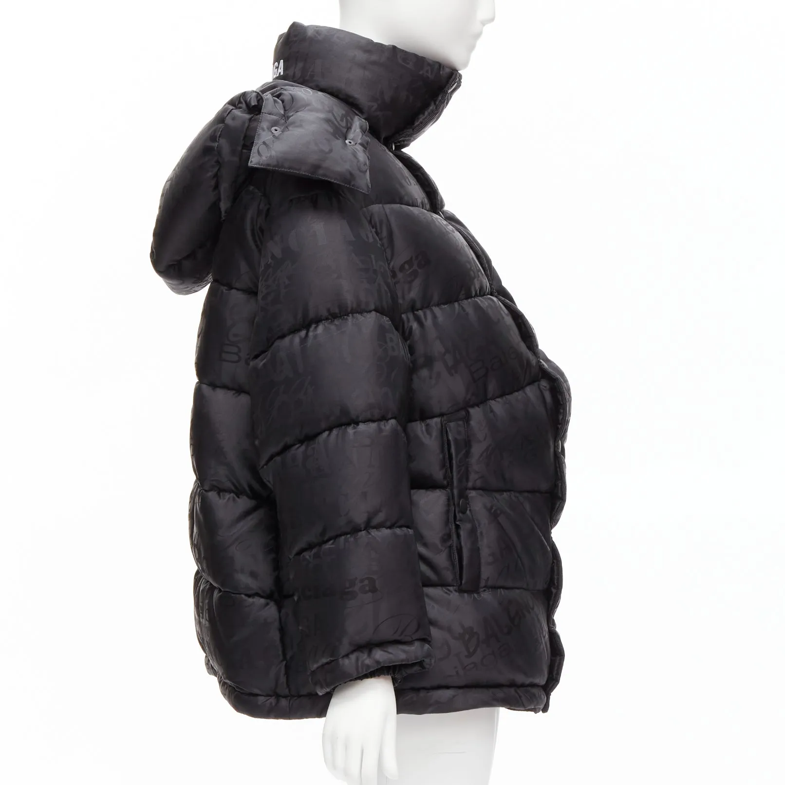 BALENCIAGA 2019 black logo jacquard Swing hooded quilted puffer coat FR36 S