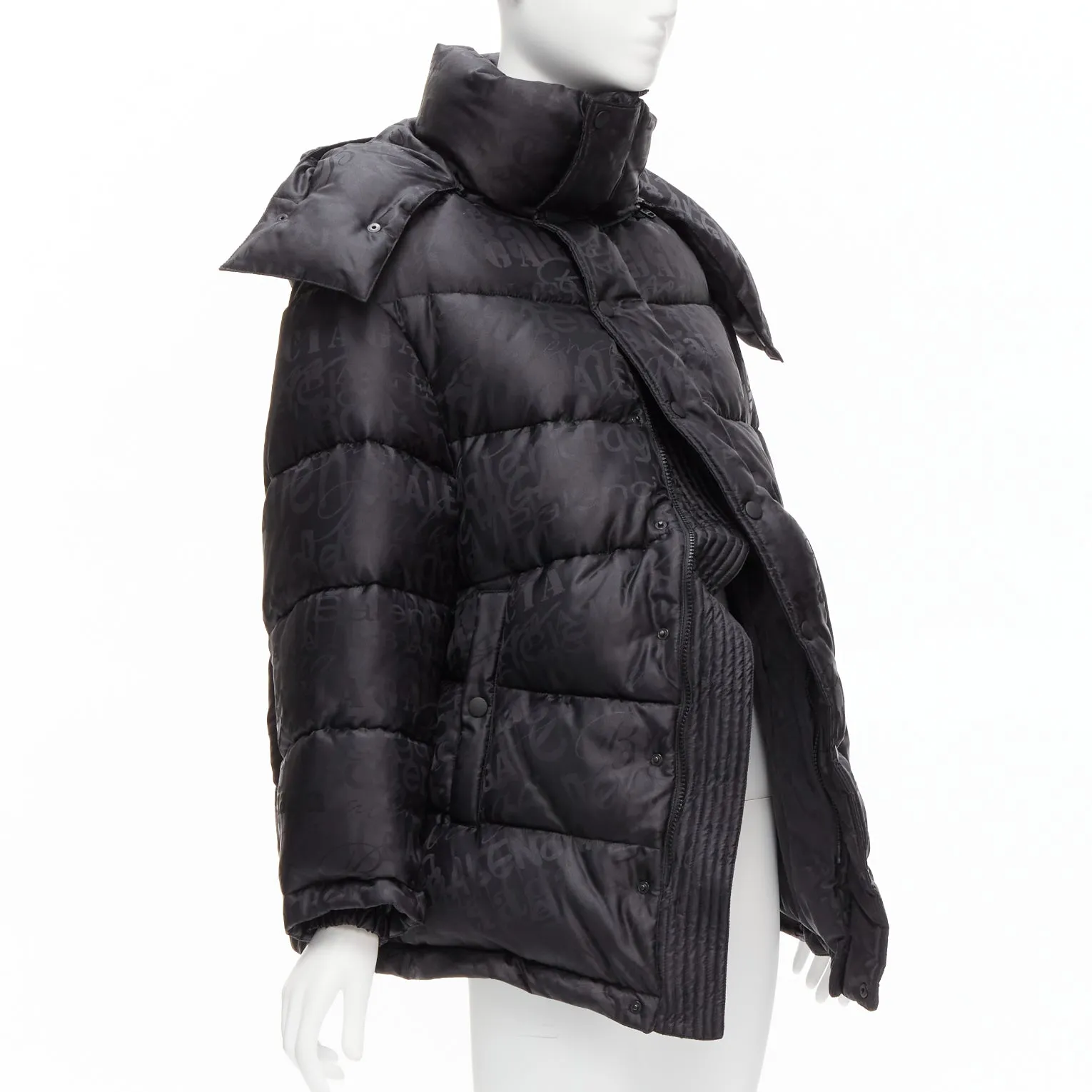 BALENCIAGA 2019 black logo jacquard Swing hooded quilted puffer coat FR36 S