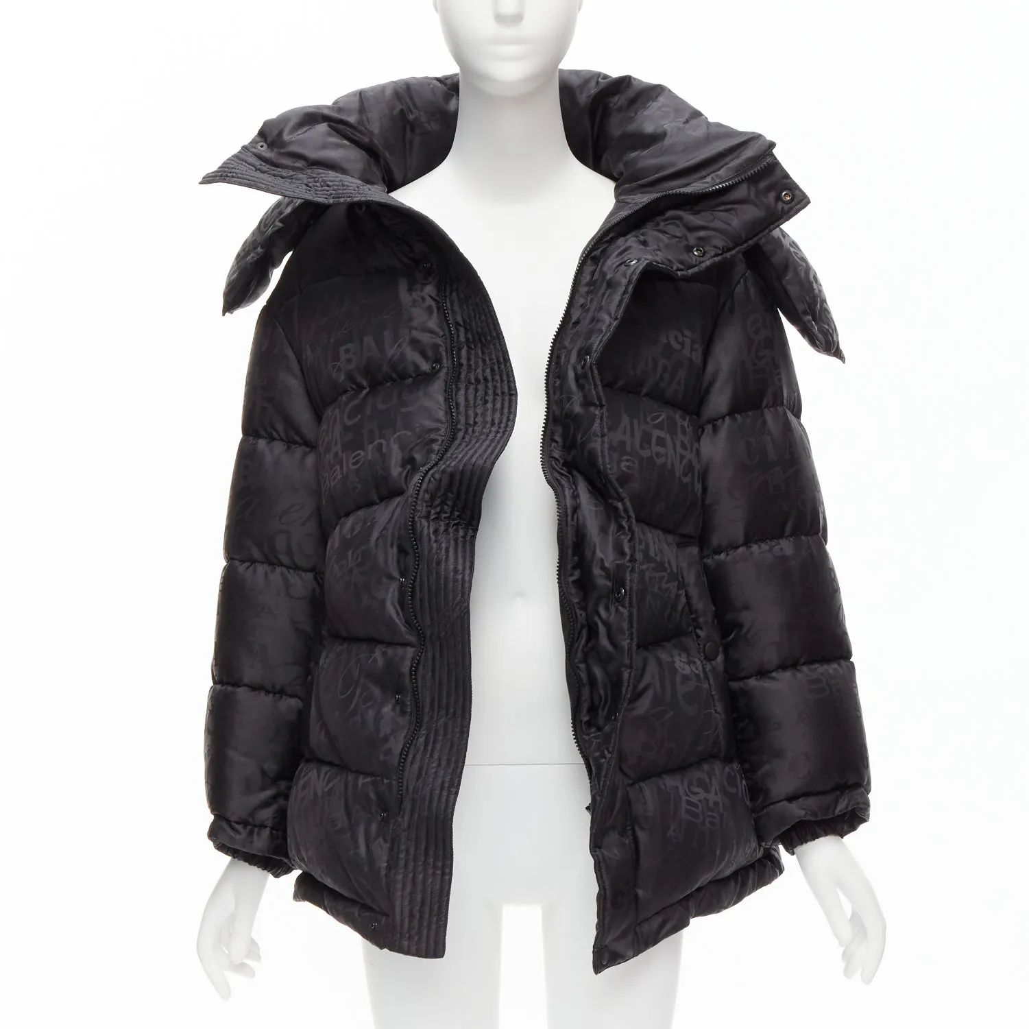 BALENCIAGA 2019 black logo jacquard Swing hooded quilted puffer coat FR36 S