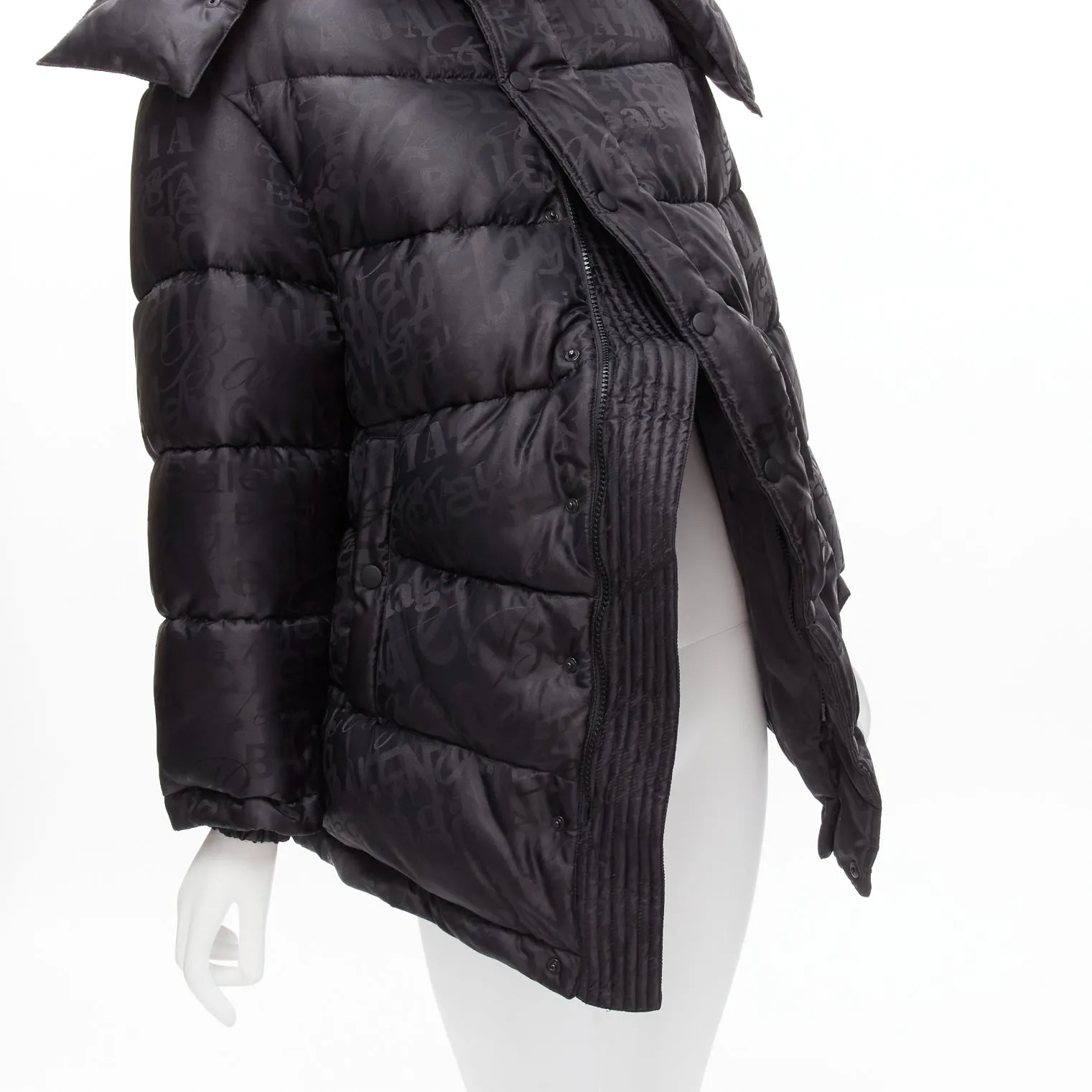 BALENCIAGA 2019 black logo jacquard Swing hooded quilted puffer coat FR36 S