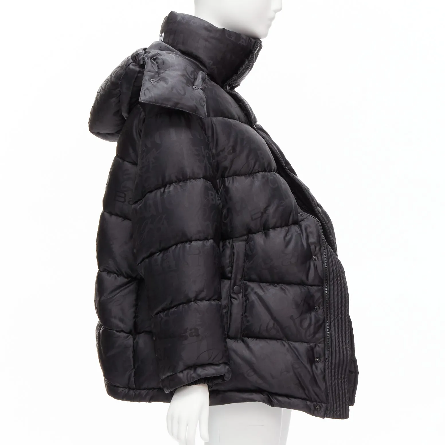 BALENCIAGA 2019 black logo jacquard Swing hooded quilted puffer coat FR36 S