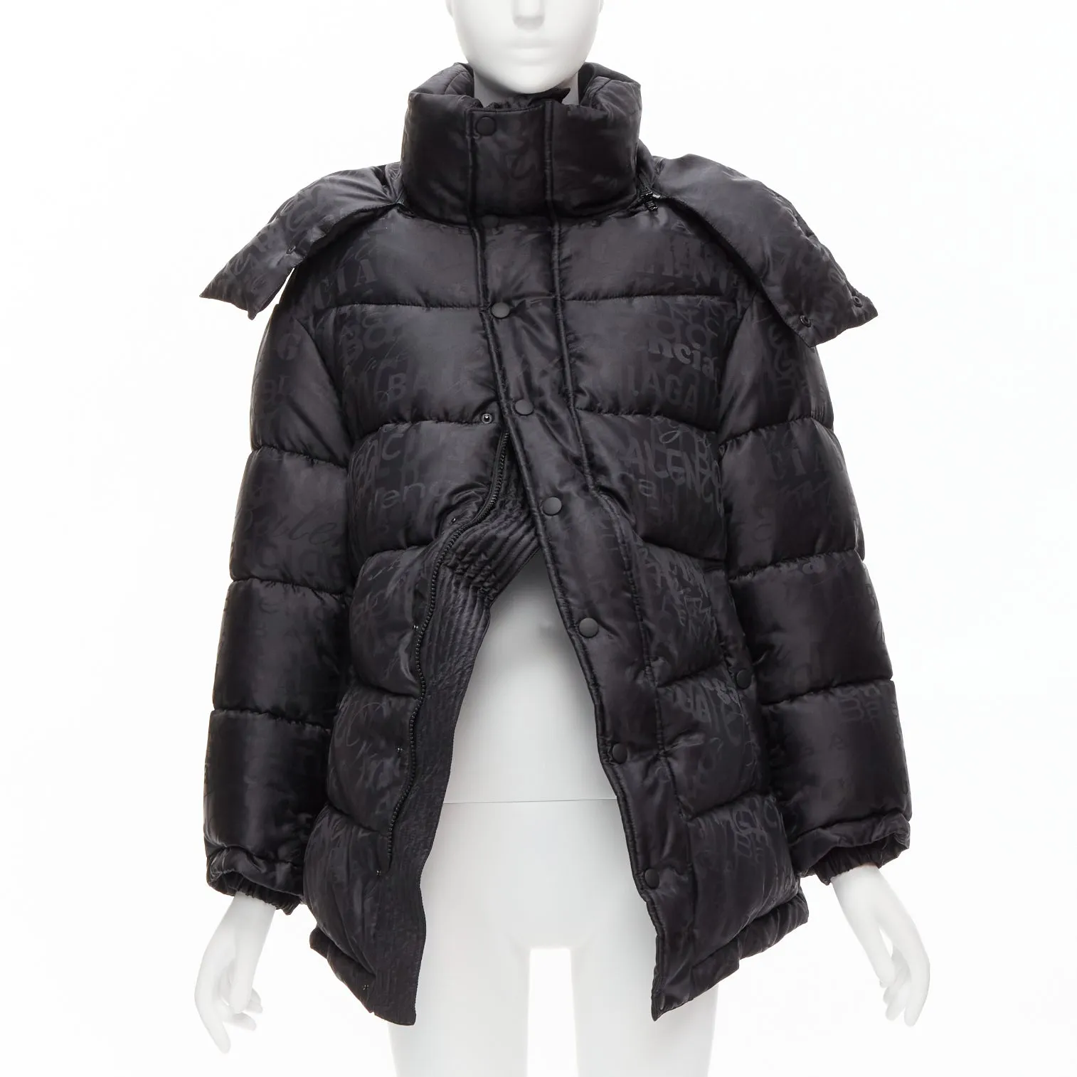 BALENCIAGA 2019 black logo jacquard Swing hooded quilted puffer coat FR36 S