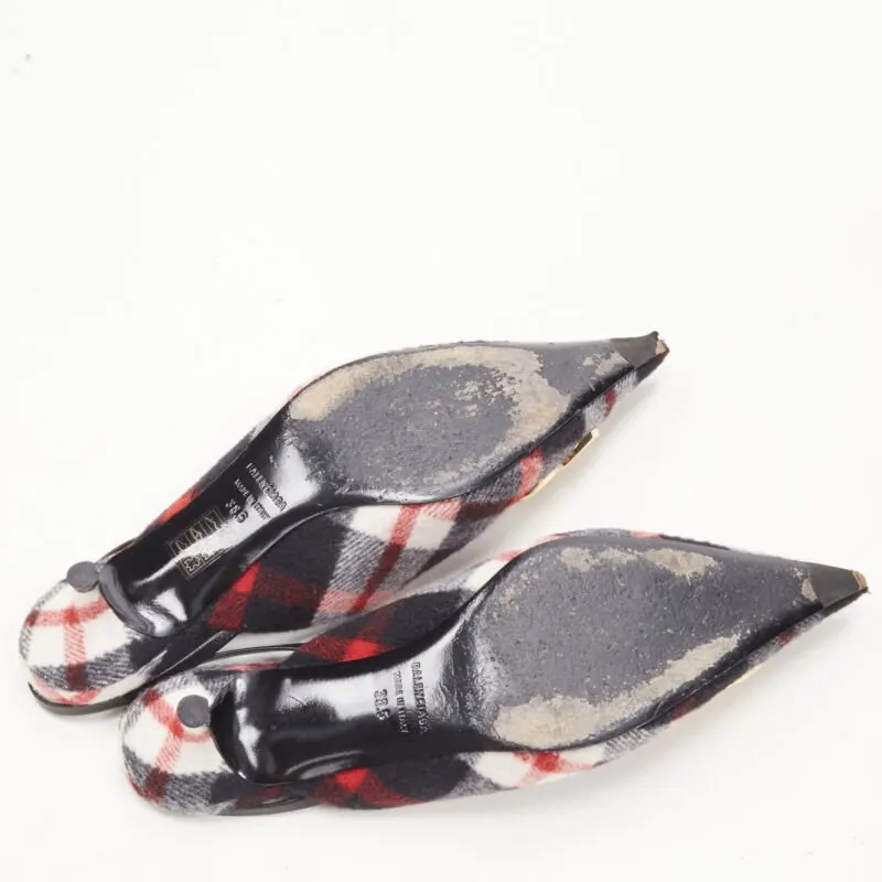 BALENCIAGA BB Knife gold logo red black plaid wool sling kitten pump EU38.5