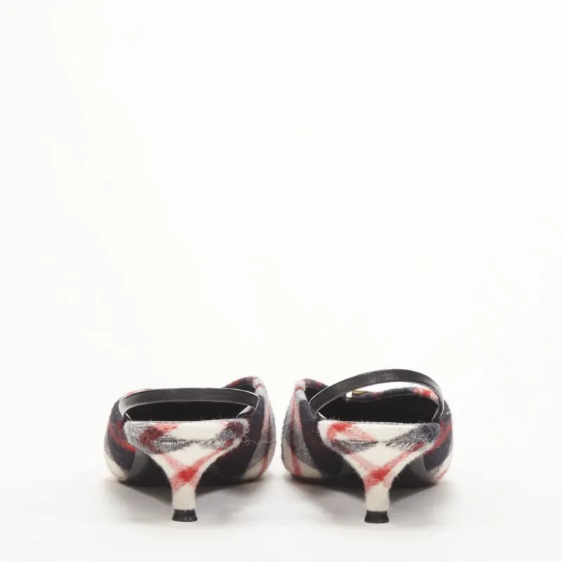 BALENCIAGA BB Knife gold logo red black plaid wool sling kitten pump EU38.5