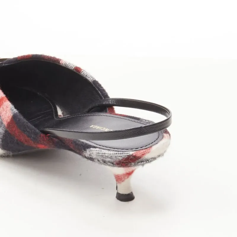 BALENCIAGA BB Knife gold logo red black plaid wool sling kitten pump EU38.5