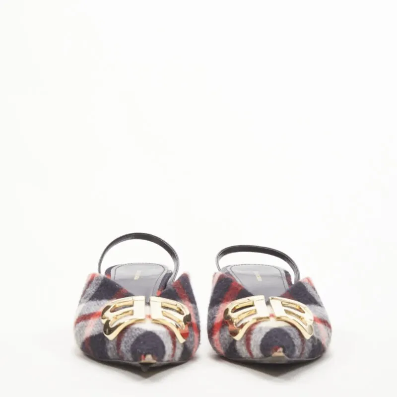 BALENCIAGA BB Knife gold logo red black plaid wool sling kitten pump EU38.5