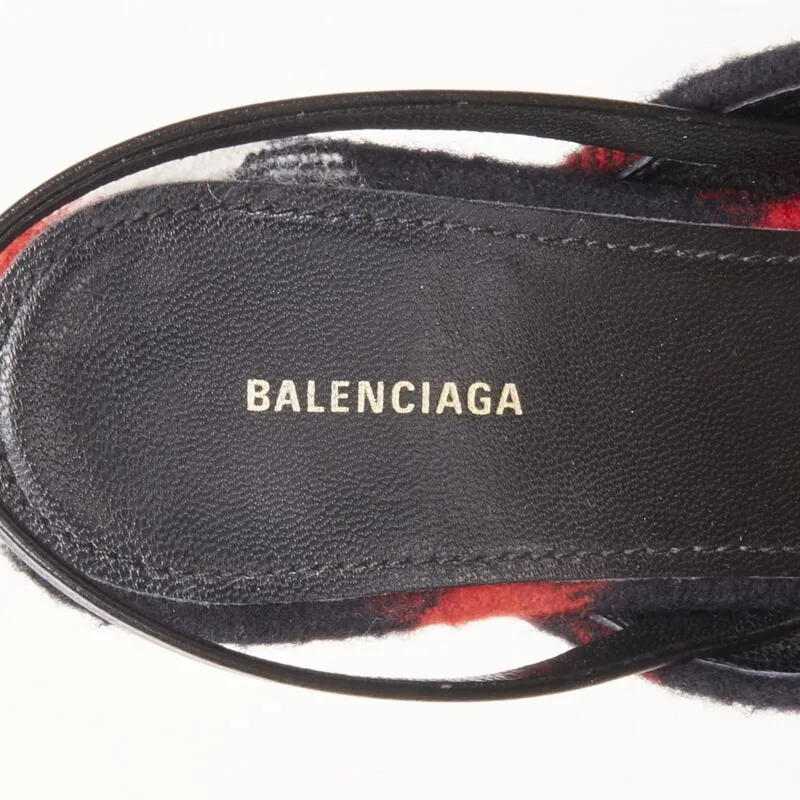 BALENCIAGA BB Knife gold logo red black plaid wool sling kitten pump EU38.5