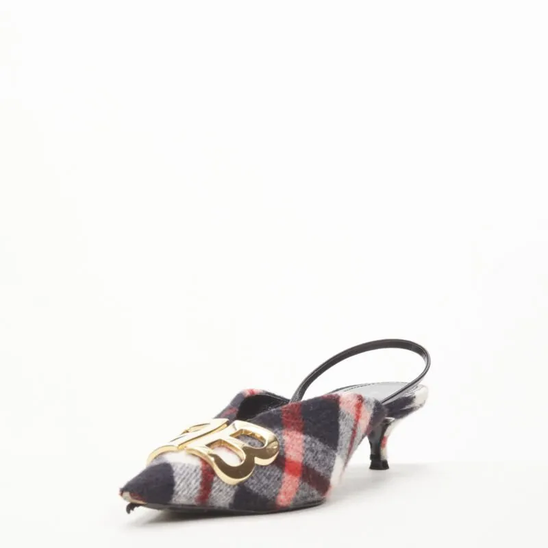 BALENCIAGA BB Knife gold logo red black plaid wool sling kitten pump EU38.5