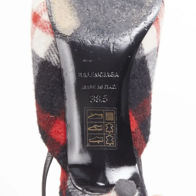 BALENCIAGA BB Knife gold logo red black plaid wool sling kitten pump EU38.5