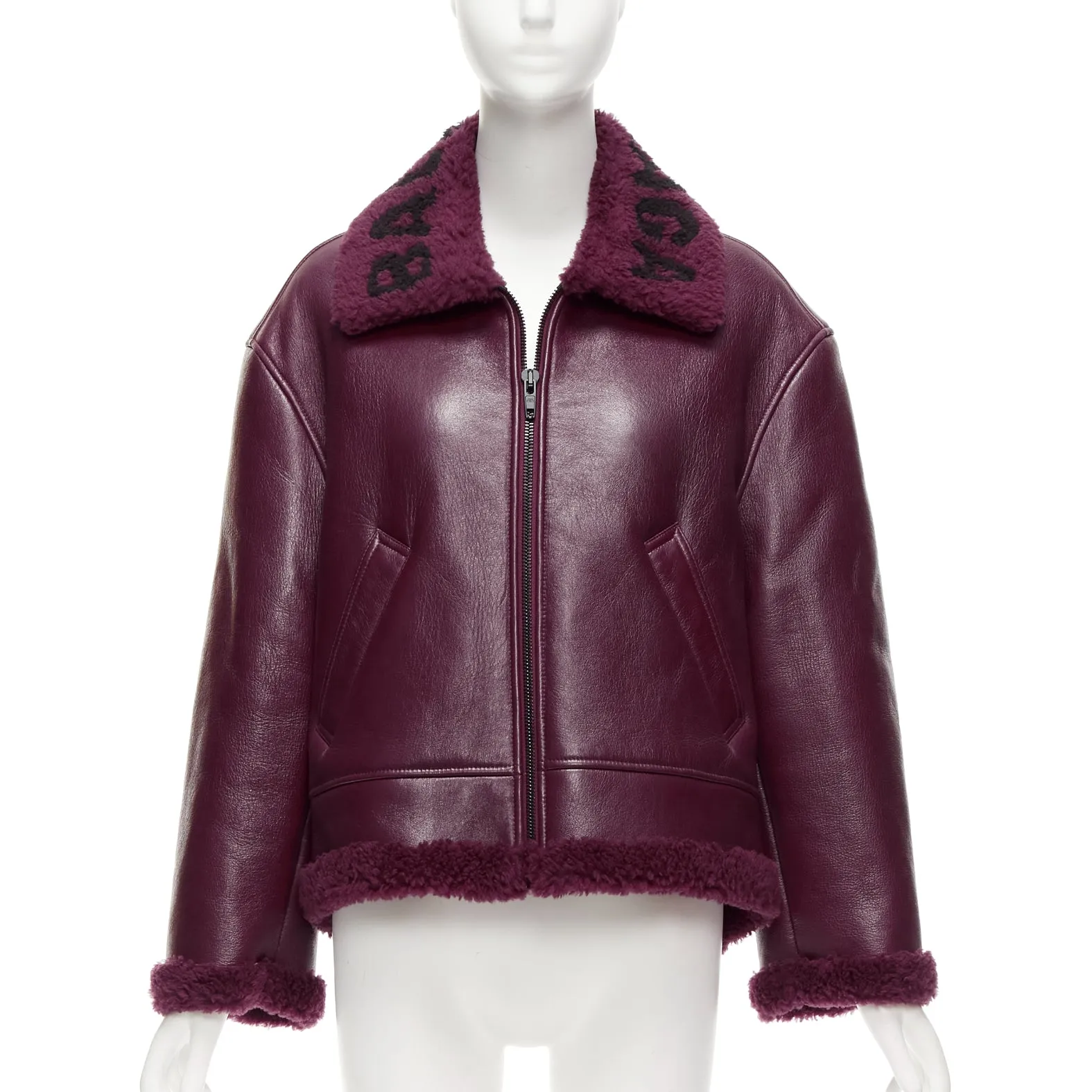 BALENCIAGA Demna 2020 burgundy shearling collar cocoon biker bomber XS