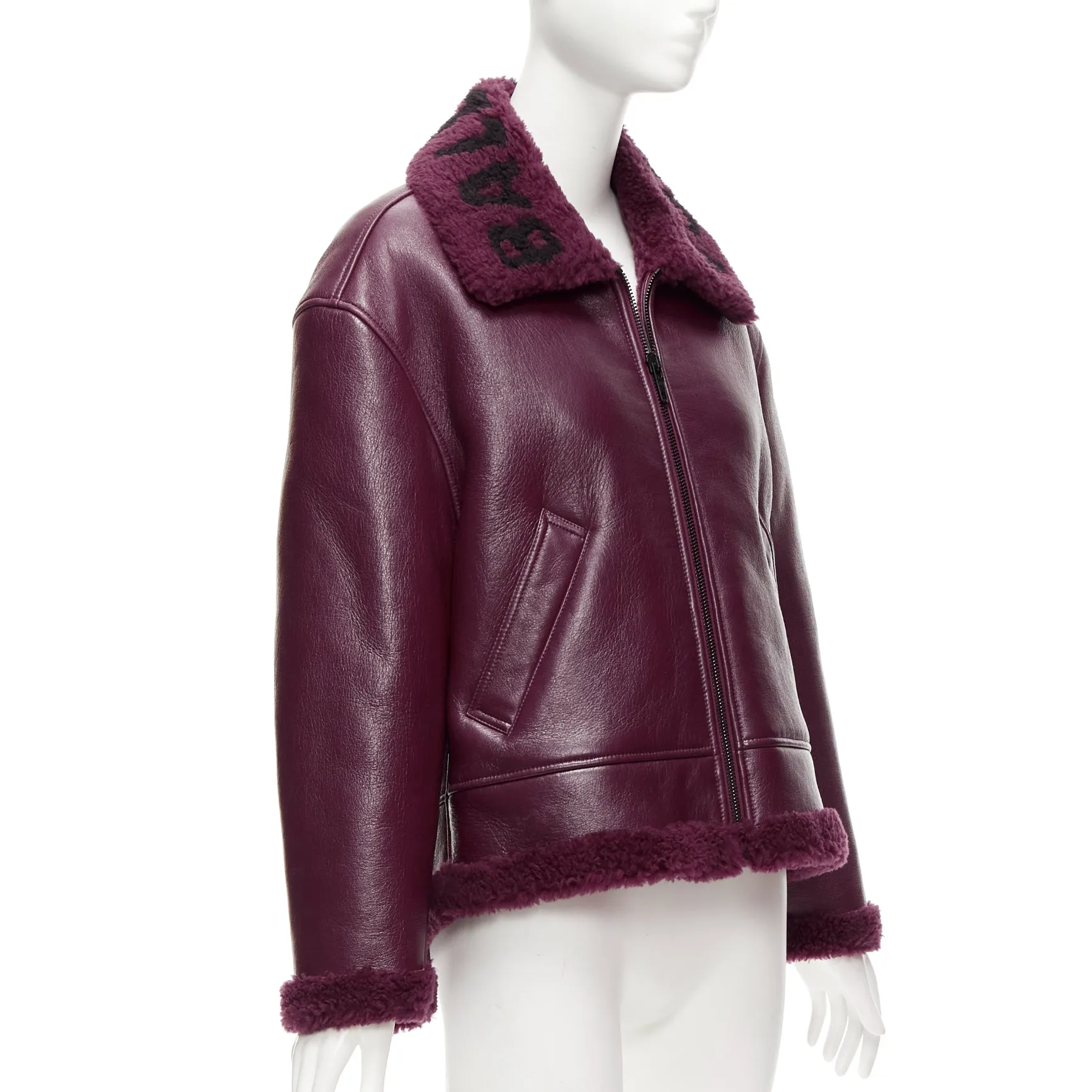 BALENCIAGA Demna 2020 burgundy shearling collar cocoon biker bomber XS