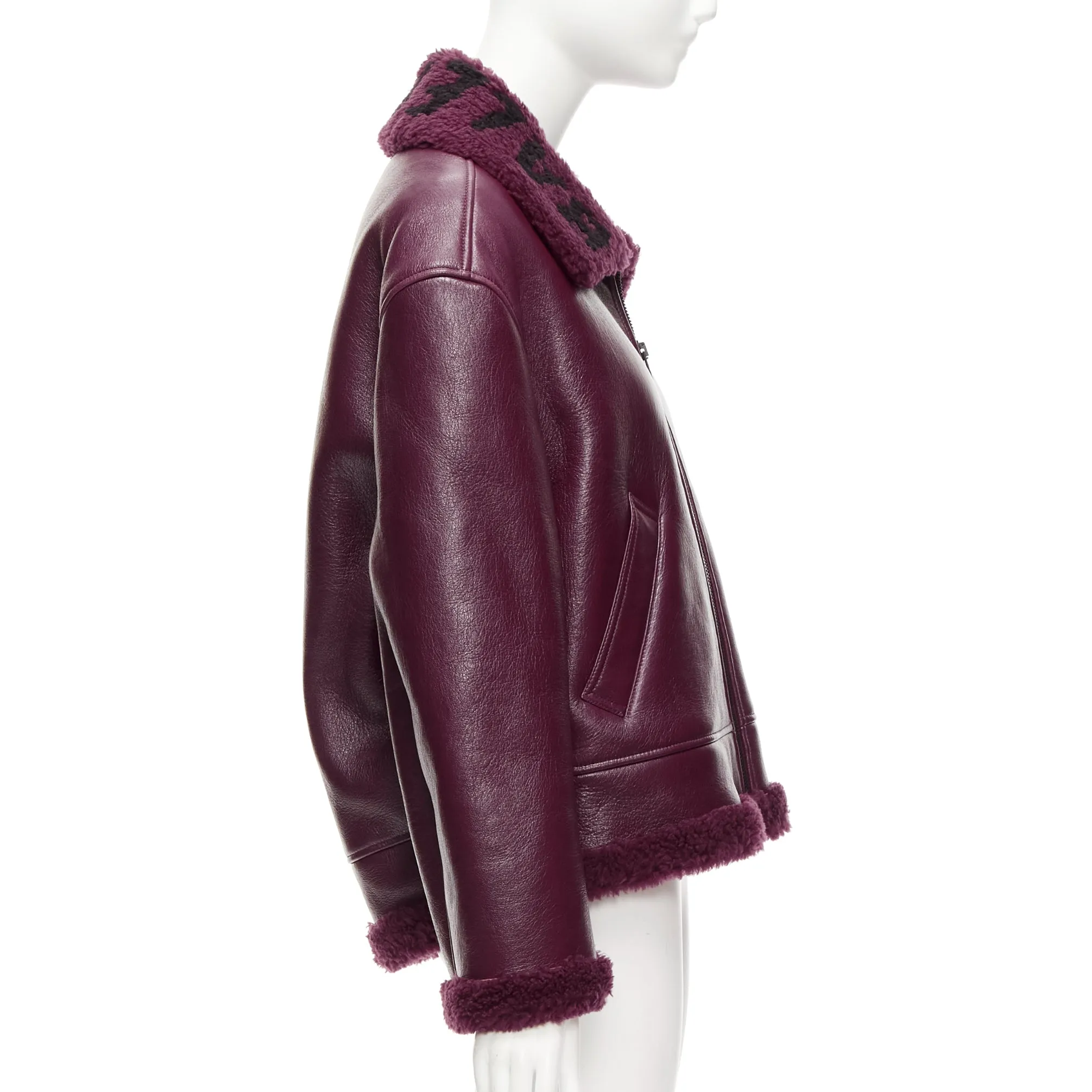 BALENCIAGA Demna 2020 burgundy shearling collar cocoon biker bomber XS