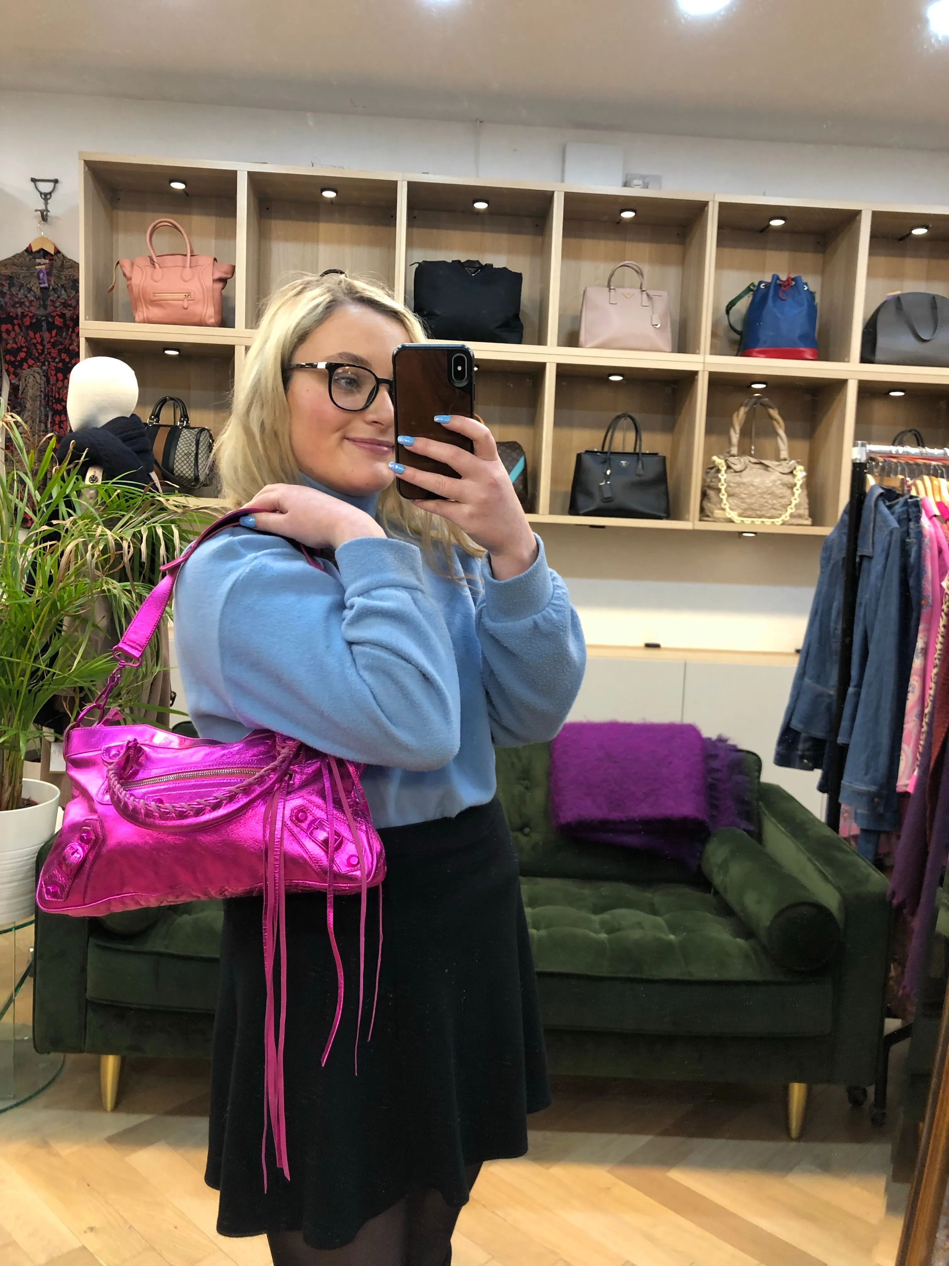 Balenciaga Neon Pink Metallic "Neo" Handbag w/ Detachable Shoulder Strap