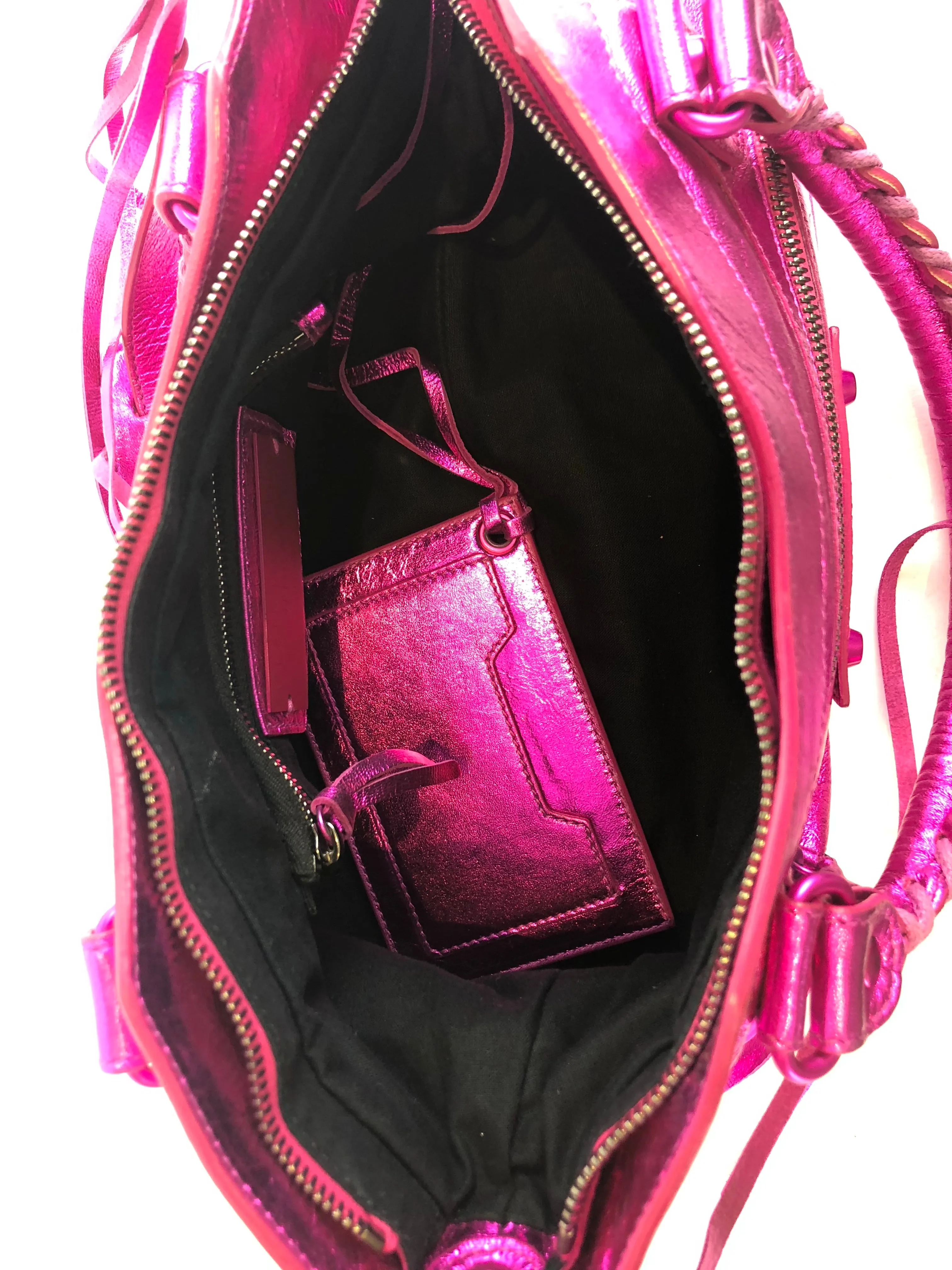 Balenciaga Neon Pink Metallic "Neo" Handbag w/ Detachable Shoulder Strap
