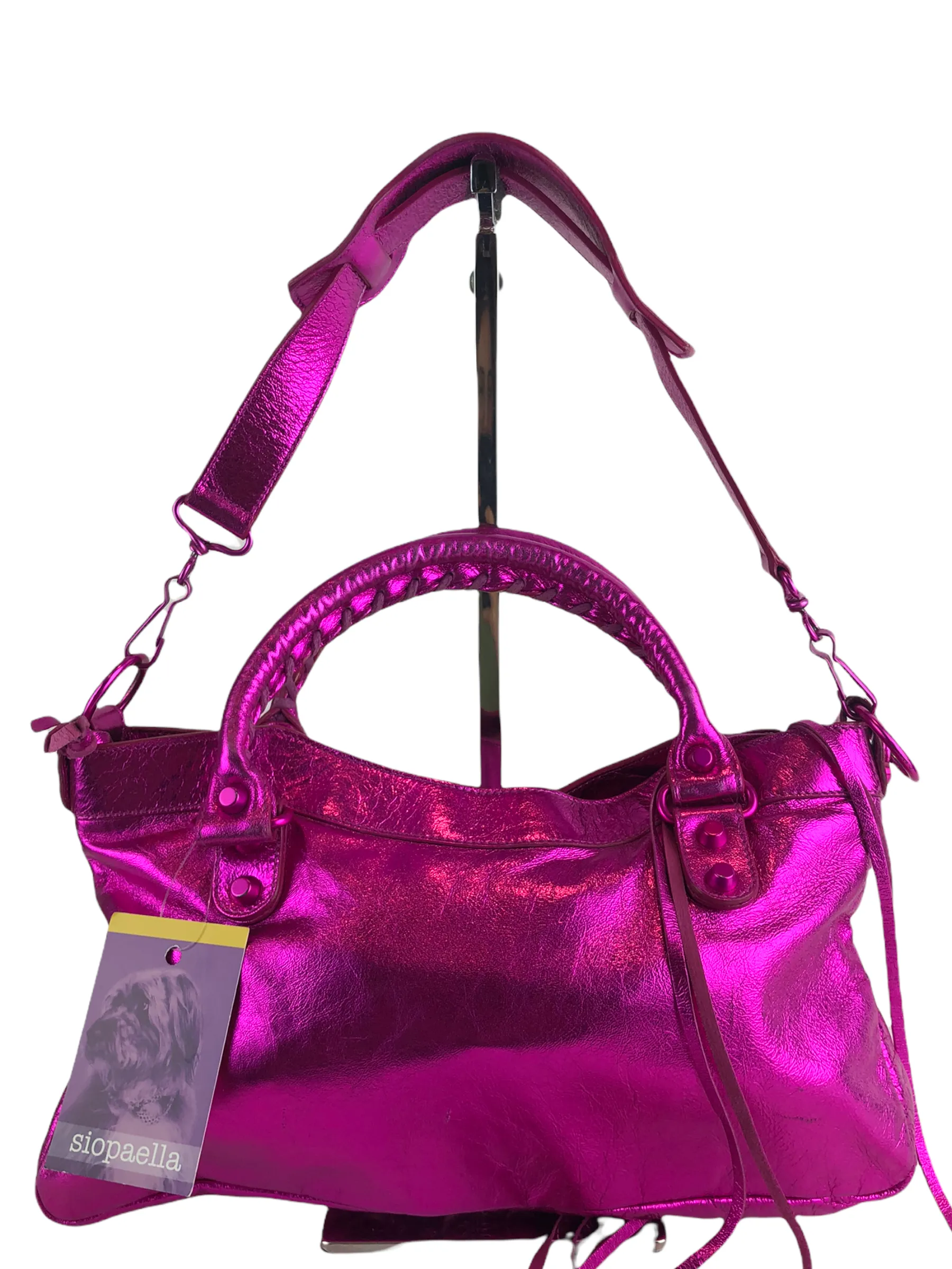 Balenciaga Neon Pink Metallic "Neo" Handbag w/ Detachable Shoulder Strap