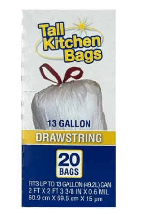Basic Kitchen Trash Bags, 13 Gallon, Drawstring, 20 Bags