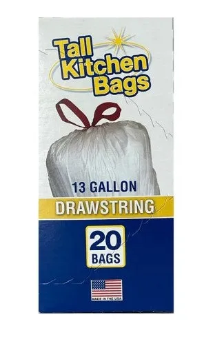 Basic Kitchen Trash Bags, 13 Gallon, Drawstring, 20 Bags