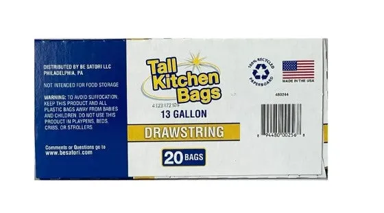 Basic Kitchen Trash Bags, 13 Gallon, Drawstring, 20 Bags