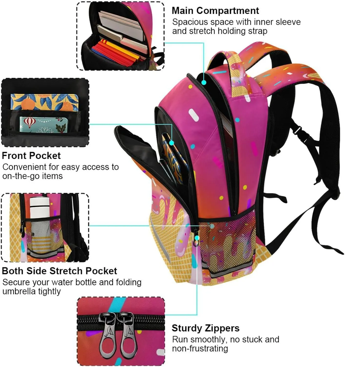 Beautiful Gradient Ice Cream Backpacks with Chest Strap,Lightweight Bookbags 17 Inch, Casual Daypack Bags