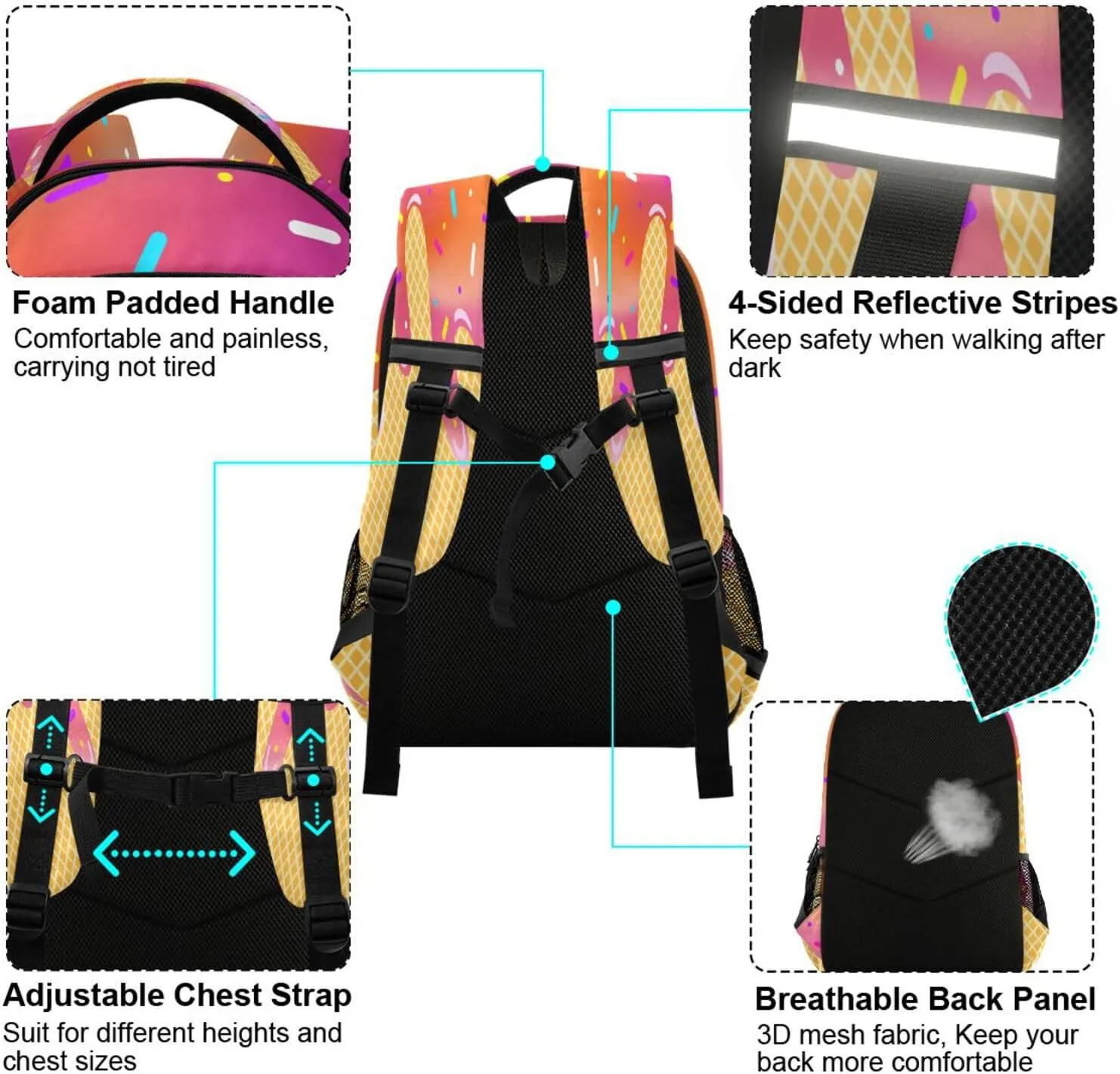 Beautiful Gradient Ice Cream Backpacks with Chest Strap,Lightweight Bookbags 17 Inch, Casual Daypack Bags